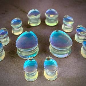 Iridescent Aurora Borealis Glass Teardrop Plugs (PG-561) gauges - 2g, 0g, 00g, 7/16", 1/2", 9/16", 5/8", 3/4", 7/8" 1".