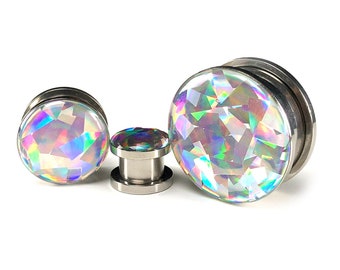 Pair of Screw on Holographic PRISM Plugs gauges - 0g, 00g, 7/16, 1/2, 9/16, 5/8, 3/4, 7/8, 1 inch