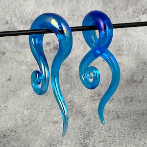 Blue Iridescent Glass Curled Wave Hangers (PG-609) - 2g, 0g, 00g, 1/2", 9/16", 5/8" plugs gauges