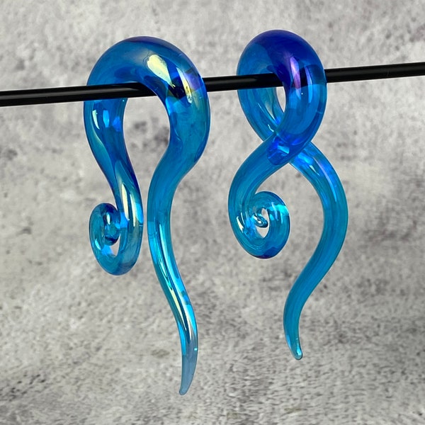 Blue Iridescent Glass Curled Wave Hangers (PG-609) - 2g, 0g, 00g, 1/2", 9/16", 5/8" plugs gauges