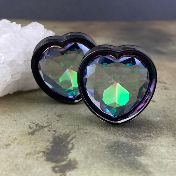 Pair of Black Steel Heart Plugs with Aurora Borealis Gem (PS-287) - 0g, 00g, 1/2, 9/16, 5/8, 3/4, 7/8, 1 inch