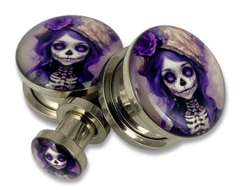 Victorian Skeleton Style 4 Picture Plugs gauges - 12g, 10g, 8g, 6g, 4g, 2g, 0g, 00g, 1/2, 9/16, 5/8, 3/4, 7/8, 1 inch,28mm, 32mm, 35mm, 38mm