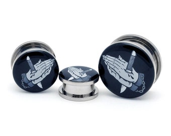 Pray for Mercy Picture Plugs gauges - 16g, 14g, 12g, 10g, 8g, 6g, 4g, 2g, 0g, 00g, 1/2, 9/16, 5/8, 3/4, 7/8, 1 inch