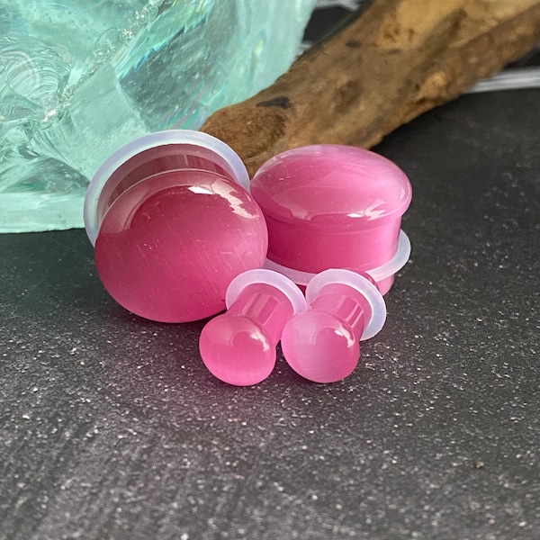 Pink Cat Eye Stone Single Flare Plugs (STN-720) - 6g, 4g,  2g, 0g, 00g, 1/2", 9/16", 5/8".