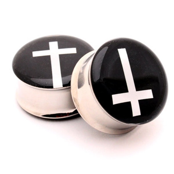 Cross Picture Plugs Style 1 gauges - 16g, 14g, 12g, 10g, 8g, 6g, 4g, 2g, 0g, 00g, 7/16, 1/2, 9/16, 5/8, 3/4, 7/8, 1 inch