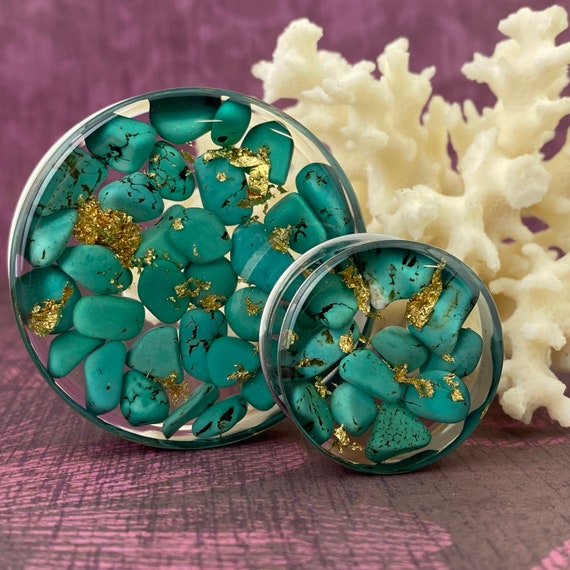 Gold Steel Resin Plugs with Real Embedded Gold Flakes