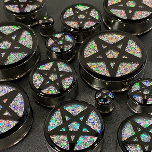 Pair of Holographic Pentagram Glitter Plugs (EMB-008) 00g, 1/2", 9/16", 5/8", 3/4", 7/8", 1", 28mm, 30mm, 32mm,35mm,38mm,42mm,45mm,47mm,50mm