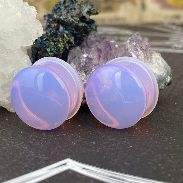 Lavender Opalite Single Flare Plugs With Clear O-ring (STN-741) - 6g, 4g, 2g, 0g, 00g, 7/16", 1/2", 9/16", 5/8".