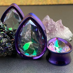 Pair of Purple Steel Teardrops with Aurora Borealis Gem (PS-286) - 0g, 00g, 1/2, 9/16, 5/8, 3/4, 7/8, 1 inch