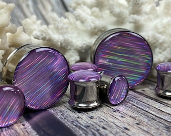 Embedded Lavender Holographic Ribbon Double Flare Resin Plugs (MTO-056) 00g, 1/2", 9/16", 5/8", 3/4", 7/8", 1", 28mm, 32mm,35mm, 38mm, 42mm