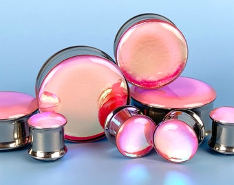 Embedded Pink/Orange Opal Color Shift Double Flare Resin Plugs (MTO-047) 00g, 1/2", 9/16", 5/8", 3/4", 7/8", 1", 28mm, 30mm, 32mm,35mm