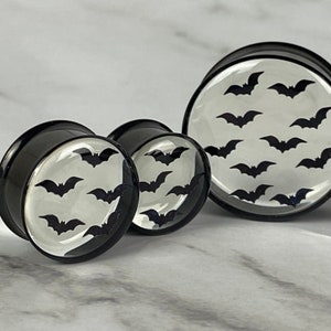 Pair of Black Steel Plugs with Embedded Bats in Clear Resin (MTO-067) 5/8", 3/4", 7/8", 1 inch, 28mm, 32mm, 35mm, 38mm, 42mm, 45mm, 50mm