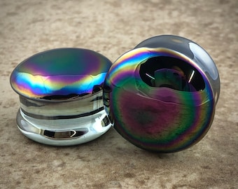 Pair of Oil Slick Glass Double Flare Plugs (PG-546) gauges - 2g, 0g, 00g, 7/16",  1/2", 9/16", 5/8", 3/4", 7/8", 1 inch