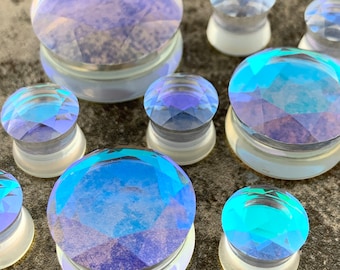 Aurora Borealis Iridescent Faceted Double Flare Glass Plugs (PG-553) gauges - 2g, 0g, 00g, 7/16",  1/2", 9/16", 5/8", 3/4", 7/8", 1 inch