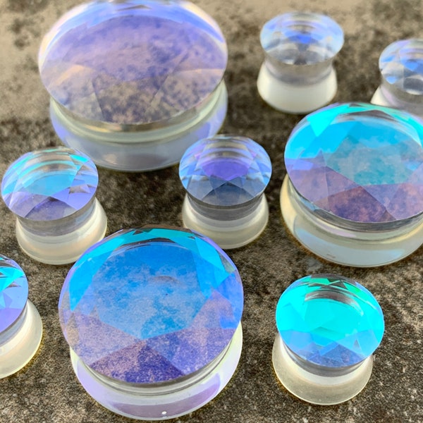 Aurora Borealis Iridescent Faceted Double Flare Glass Plugs (PG-553) gauges - 2g, 0g, 00g, 7/16",  1/2", 9/16", 5/8", 3/4", 7/8", 1 inch