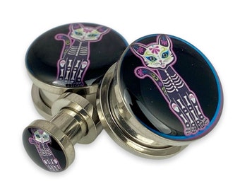 Day of the Dead Cat Style 3 Picture Plugs gauges - 12g, 10g, 8g, 6g, 4g, 2g, 0g, 00g, 1/2, 9/16, 5/8, 3/4, 7/8, 1 inch,28mm, 32mm, 35mm,38mm