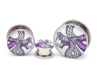 Snake (Turquoise/Purple) Picture Plugs gauges - 16g, 14g, 12g, 10g, 8g, 6g, 4g, 2g, 0g, 00g, 1/2, 9/16, 5/8, 3/4, 7/8, 1 inch