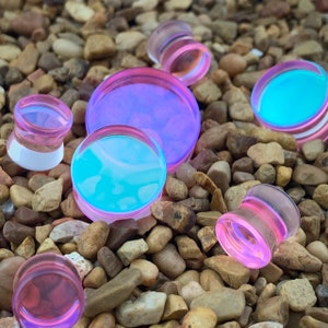 Pink/Aqua Iridescent Double Sided Glass Plugs (PG-544) gauges - 2g, 0g, 00g, 7/16",  1/2", 9/16", 5/8", 3/4", 7/8", 1 inch