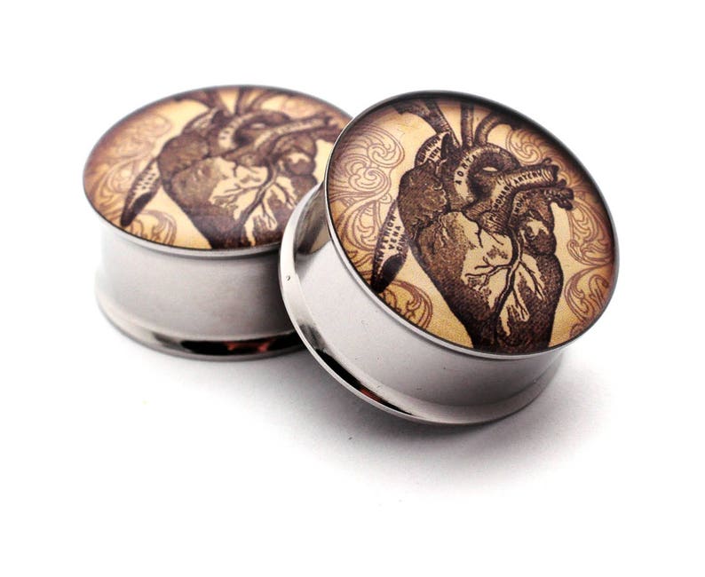 Vintage Heart Picture Plugs gauges 16g, 14g, 12g, 10g, 8g, 6g, 4g, 2g, 0g, 00g, 7/16, 1/2, 9/16, 5/8, 3/4, 7/8, 1 inch image 2