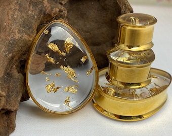 Gold Steel Teardrop Resin Plugs with Real Gold Flake