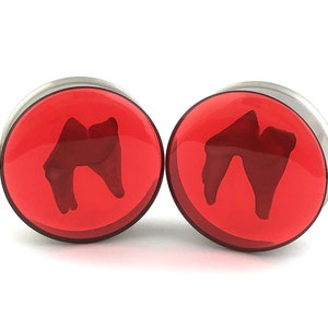 Pair of Embedded Coyote Teeth in Red Resin Plugs (EMB-011) 3/4", 7/8", 1 inch, 28mm, 32mm, 35mm, 38mm, 42mm