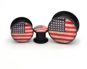 Limited Stock and Huge Discount Black Acrylic American Flag Picture Plugs (BA-104) gauges - 8g, 6g, 4g, 2g, 0g, 00g, 7/16, 1/2, 9/16, 5/8