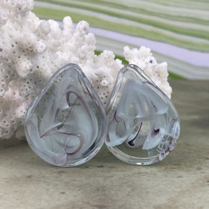 Clear Glass Teardrop Double Flare Plugs With White And Purple Swirls (PG-598) gauges - 0g, 00g, 1/2", 9/16", 5/8", 3/4", 7/8" 1".