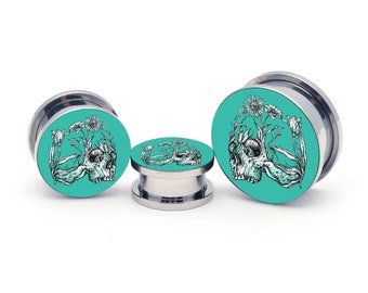 Flower Skull Picture Plugs (PIC-103) gauges - 16g, 14g, 12g, 10g, 8g, 6g, 4g, 2g, 0g, 00g, 1/2, 9/16, 5/8, 3/4, 7/8, 1 inch