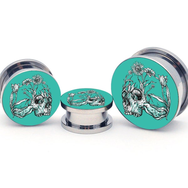 Flower Skull Picture Plugs (PIC-103) gauges - 16g, 14g, 12g, 10g, 8g, 6g, 4g, 2g, 0g, 00g, 1/2, 9/16, 5/8, 3/4, 7/8, 1 inch