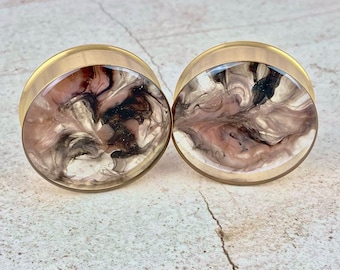 Pair of Gold Steel Plugs with Embedded Black and Gold Pearlescent Ink Swirls in Resin (RP-219) 5/8, 3/4, 7/8, 1 inch, 28mm, 32mm, 35mm, 38mm