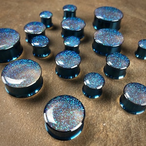 Embedded Pearl Blue Glitter Plugs (EMB-005) gauges - 00g, 7/16, 1/2, 9/16, 5/8", 3/4", 7/8", 1 inch