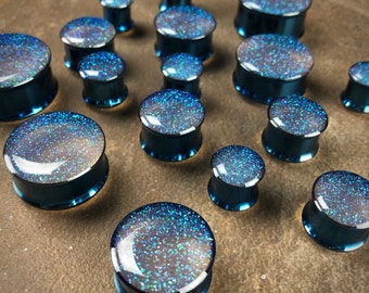 Embedded Pearl Blue Glitter Plugs (EMB-005) gauges - 00g, 7/16, 1/2, 9/16, 5/8", 3/4", 7/8", 1 inch