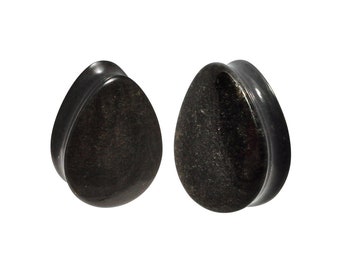 Golden Obsidian Stone Convex Teardrop Plugs (STN-647) - 2g, 0g, 00g, 1/2", 9/16",  5/8", 3/4", 7/8", 1 inch