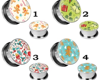 Christmas Themed Picture Plugs gauges - 16g, 14g, 12g, 10g, 8g, 6g, 4g, 2g, 0g, 00g, 1/2, 9/16, 5/8, 3/4, 7/8, 1 inch,28mm, 32mm, 35mm, 38mm