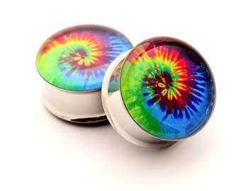 Tie Dye Picture Plugs STYLE 1 gauges - 16g, 14g, 12g, 10g, 8g, 6g, 4g, 2g, 0g, 00g, 7/16, 1/2, 9/16, 5/8, 3/4, 7/8, 1 inch