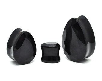 Faceted Black Glass Teardrop Plugs (PG-575) gauges - 2g, 0g, 00g, 7/16",  1/2", 9/16", 5/8", 3/4", 7/8", 1 inch