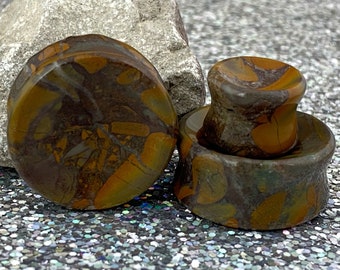 Concave Bamboo Jasper Stone Plugs (STN-755) -  2g, 0g, 00g, 7/16", 1/2", 9/16", 5/8", 3/4", 7/8", 1 inch.