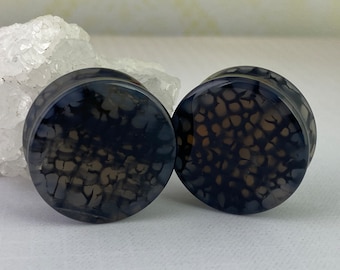 Black Dragon Vein Agate Stone Double Flare Plugs (STN-728) - 0g, 00g, 1/2", 9/16", 5/8", 3/4", 7/8", 1".