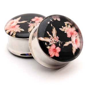 Vintage Floral Picture Plugs Style 5 gauges - 16g, 14g, 12g, 10g, 8g, 6g, 4g, 2g, 0g, 00g, 7/16, 1/2, 9/16, 5/8, 3/4, 7/8, 1 inch