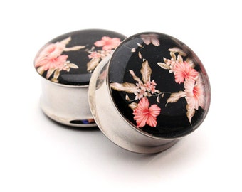 Vintage Floral Picture Plugs Style 5 gauges - 16g, 14g, 12g, 10g, 8g, 6g, 4g, 2g, 0g, 00g, 7/16, 1/2, 9/16, 5/8, 3/4, 7/8, 1 inch