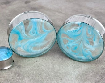 Pair of Light Blue Smoke Swirl Resin Plugs (RP-216) 5/8, 3/4, 7/8, 1 inch, 28mm, 32mm, 35mm, 38mm