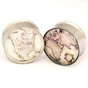 Antique Map Picture Plugs gauges 16g, 14g, 12g, 10g, 8g, 6g, 4g, 2g, 0g, 00g, 7/16, 1/2, 9/16, 5/8, 3/4, 7/8, 1 inch STYLE 2 image 2