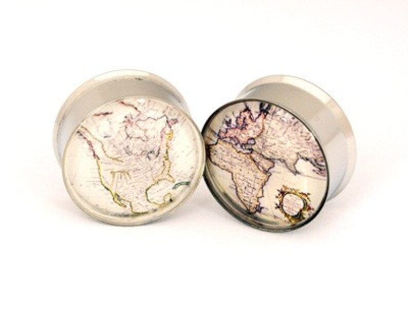 Antique Map Picture Plugs gauges 16g, 14g, 12g, 10g, 8g, 6g, 4g, 2g, 0g, 00g, 7/16, 1/2, 9/16, 5/8, 3/4, 7/8, 1 inch STYLE 2 image 2