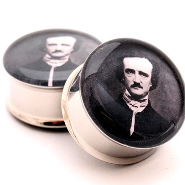 Edgar Allan Poe Picture Plugs gauges - 16g, 14g, 12g, 10g, 8g, 6g, 4g, 2g, 0g, 00g, 1/2, 9/16, 5/8, 3/4, 7/8, 1 inch
