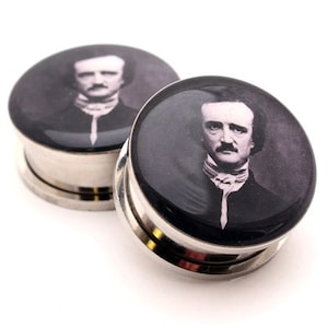 Medidores de enchufes de imágenes de Edgar Allan Poe: 16 g, 14 g, 12 g, 10 g, 8 g, 6 g, 4 g, 2 g, 0 g, 00 g, 7/16, 1/2, 9/16, 5/8, 3/4, 7/8 , 1 pulgada imagen 1