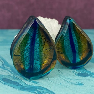 Glass Teardrop Double Flare Plugs With Amber And Blue Colored Fill (PG-601) gauges - 0g, 00g, 1/2", 9/16", 5/8", 3/4", 7/8" 1".