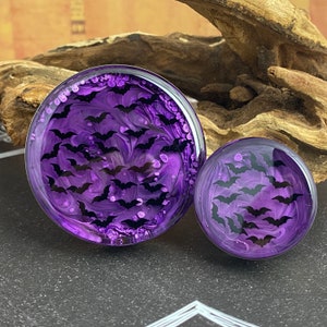 Pair of Flying Bats over Purple Swirl Plugs (EMB-009) 5/8, 3/4, 7/8, 1 inch, 28mm, 32mm, 35mm, 38mm, 42mm, 45mm, 47mm, 50mm