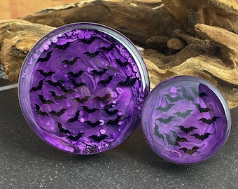 Pair of Flying Bats over Purple Swirl Plugs (EMB-009) 5/8, 3/4, 7/8, 1 inch, 28mm, 32mm, 35mm, 38mm, 42mm, 45mm, 47mm, 50mm