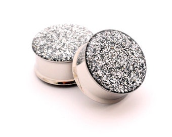 Embedded Silver Glitter Plugs gauges - 00g, 1/2, 9/16, 5/8, 3/4, 7/8, 1 inch