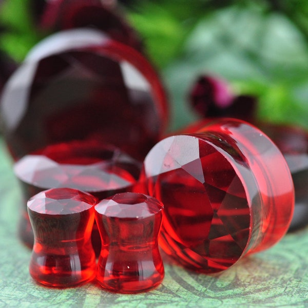 Ruby Red Faceted Glass Double Flare Plugs (PG-568) gauges - 2g, 0g, 00g, 7/16",  1/2", 9/16", 5/8", 3/4", 7/8", 1 inch